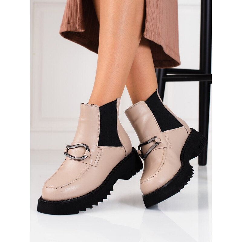 Exkluzívní kotníčkové boty dámské hnědé na plochém podpatku