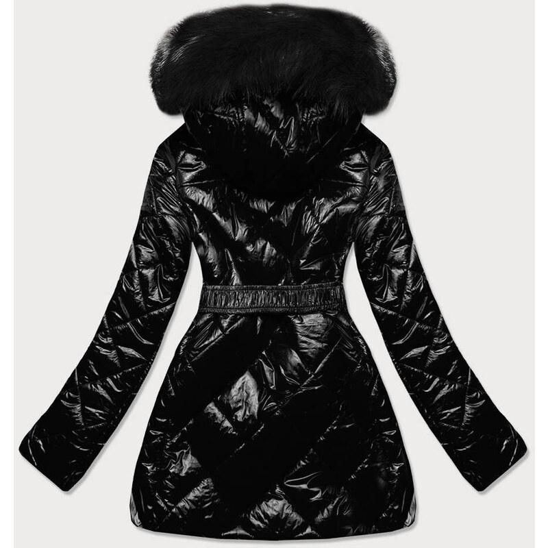 MHM Černá lesklá zimní bunda s mechovitým kožíškem a s černou kožešinou (W756)