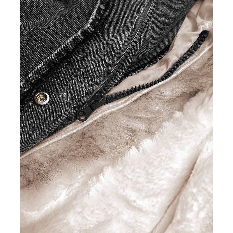 S'WEST Černo/béžová dámská džínová bunda s kožešinovým límcem (BR9585-1046)