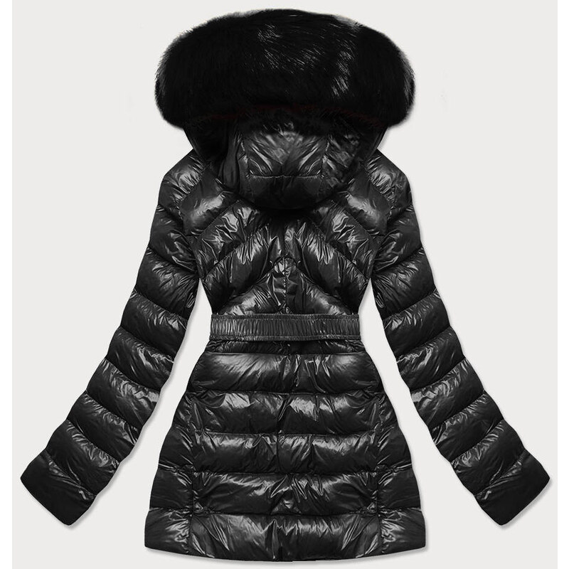 MHM Lesklá černá zimní bunda s mechovitou kožešinou (W674)