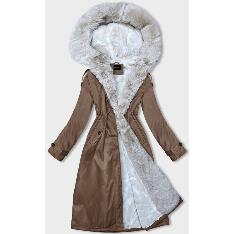 S'WEST Hnědo-béžová dámská zimní bunda parka s kožešinou (B557-14046)