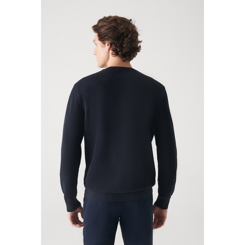 Avva Men's Navy Blue Double Collar Detailed Textured Cotton Regular Fit Knitwear Sweater