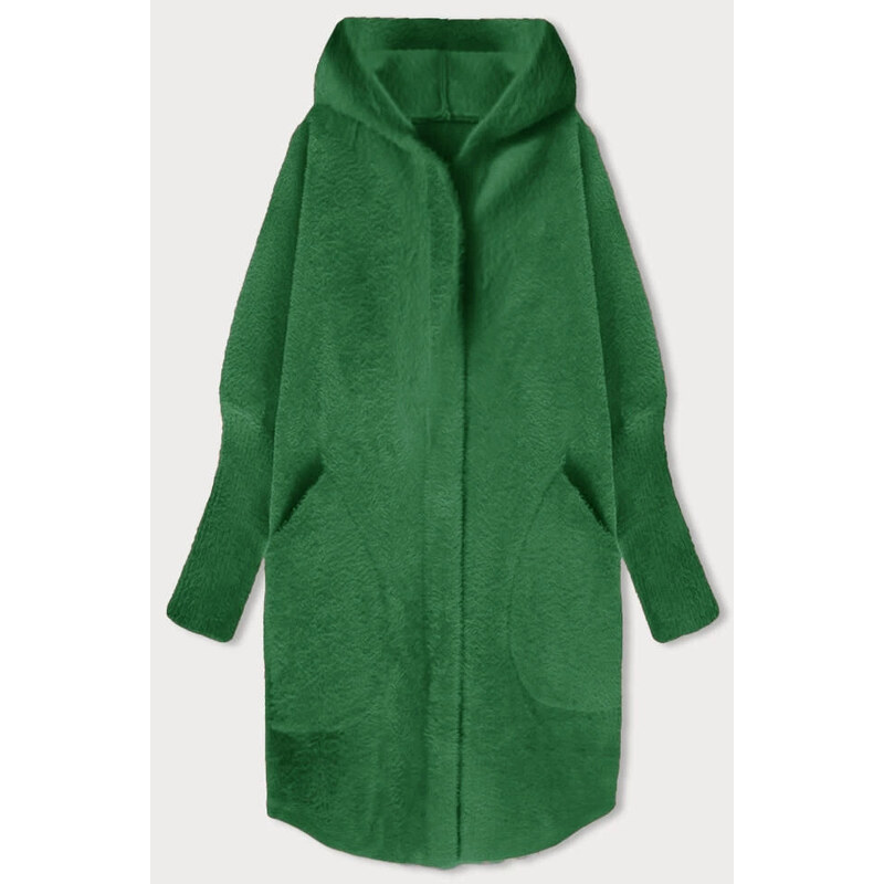MADE IN ITALY Tmavě zelený dlouhý vlněný přehoz přes oblečení typu alpaka s kapucí (908)