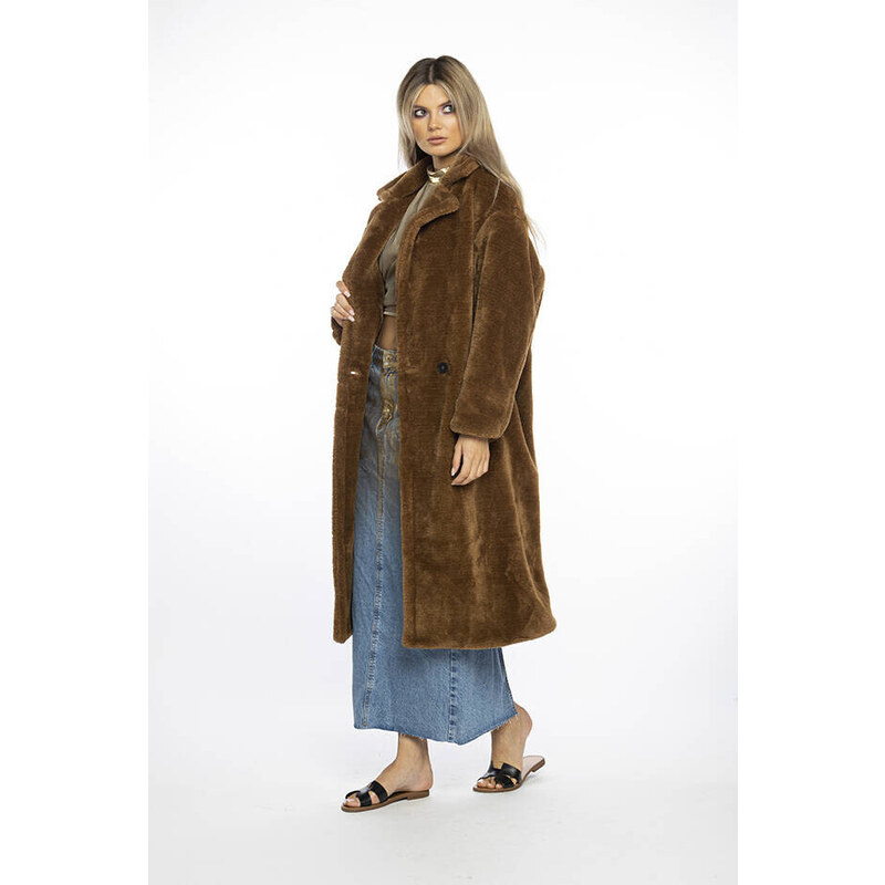 Ann Gissy Hnědý plyšový dámský oversize kabát AnnGissy (AG1-J9172)
