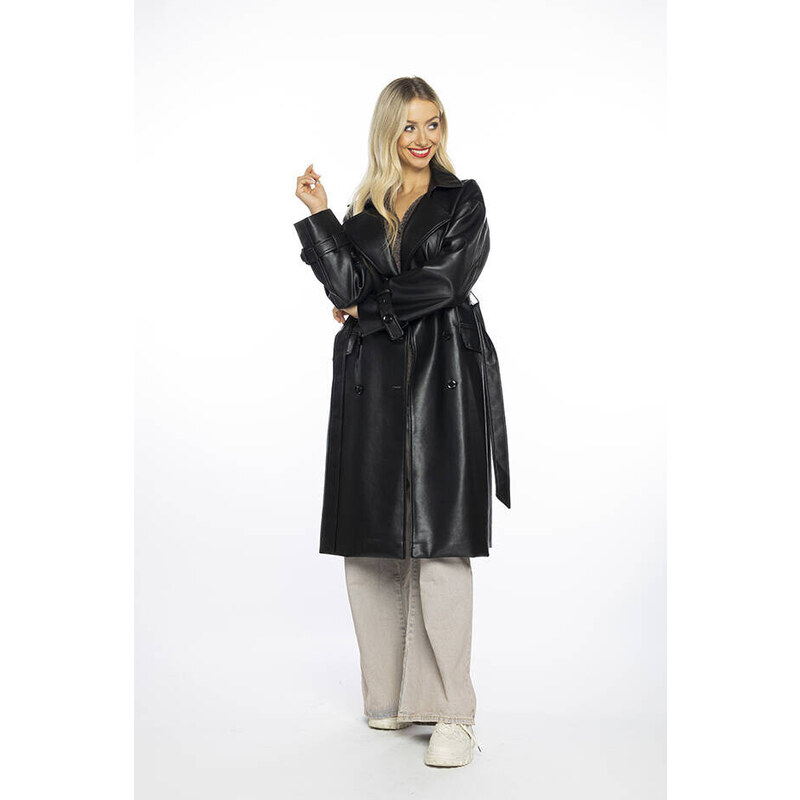 Ann Gissy Černý dvouřadový klasický dámský kabát z ekologické kůže AnnGissy (AG6-30)