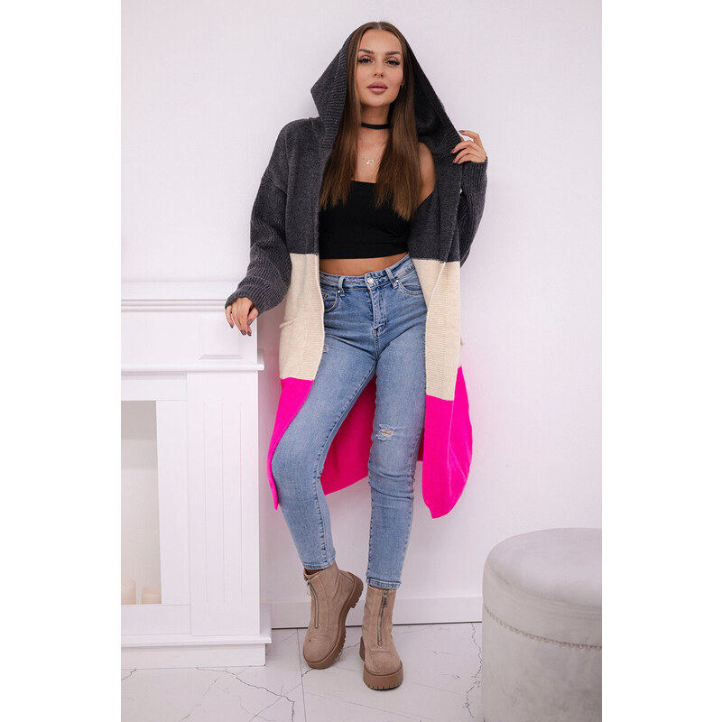 K-Fashion Pruhovaný svetr s kapucí grafit + béžová + růžová neonová