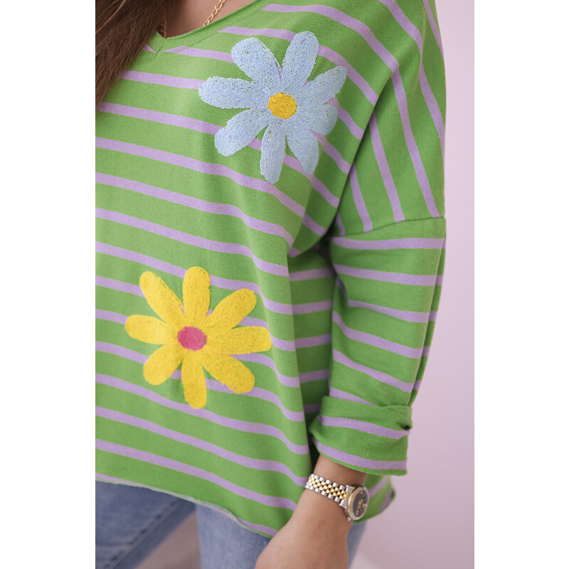 K-Fashion Pruhovaná bavlněná halenka s květinou světle zelená+fialová