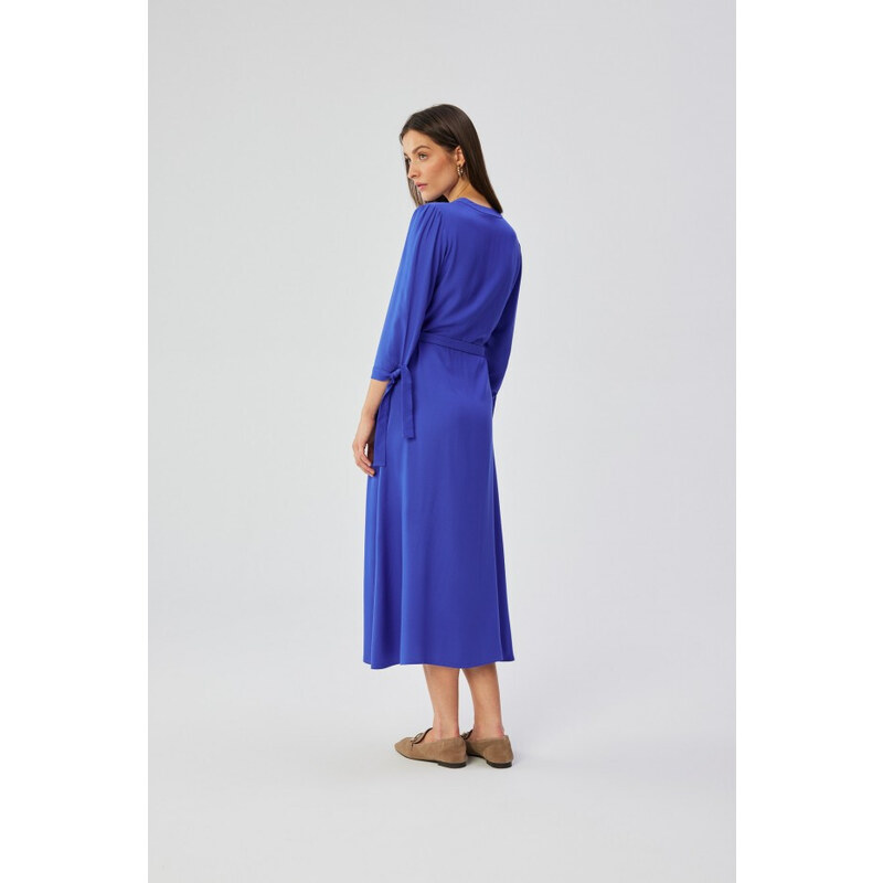 S365 Viskózové šaty áčkového střihu s vázacími rukávy - modré