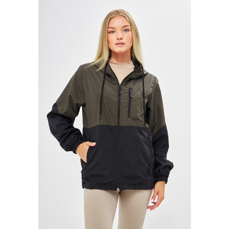 River Club Women's Khaki-Black Two-tone Lined Water And Windproof Hooded Raincoat With Pocket.