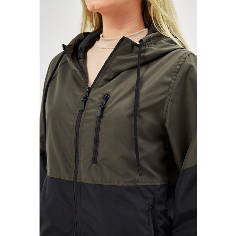 River Club Women's Khaki-Black Two-tone Lined Water And Windproof Hooded Raincoat With Pocket.