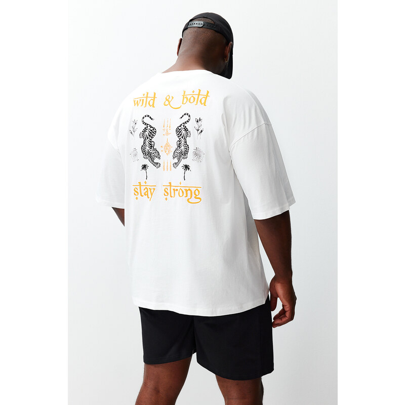 Trendyol Plus Size Ecru Unisex Oversize 100% Cotton Oriental Printed Embroidered Couple T-Shirt