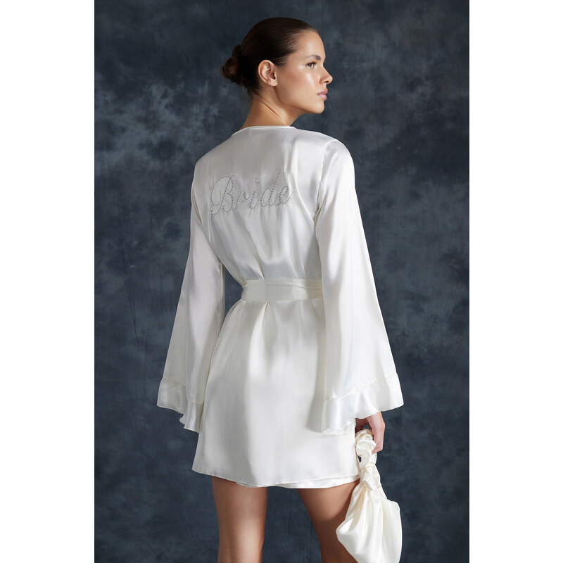 Trendyol Bridal White Belted Satin Woven Dressing Gown with Flounce and Back Embroidery Detail Bag Gift