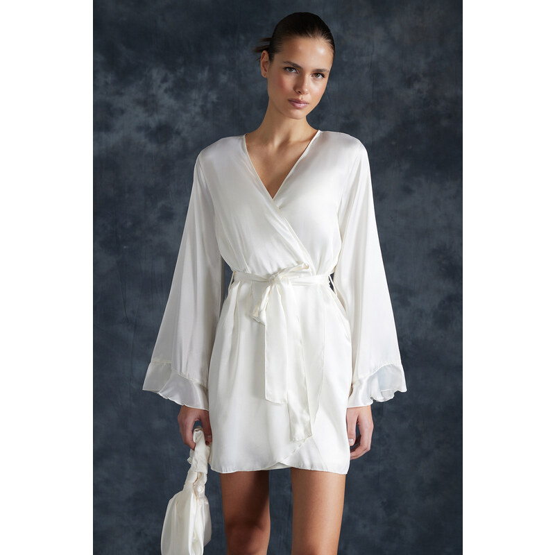 Trendyol Bridal White Belted Satin Woven Dressing Gown with Flounce and Back Embroidery Detail Bag Gift