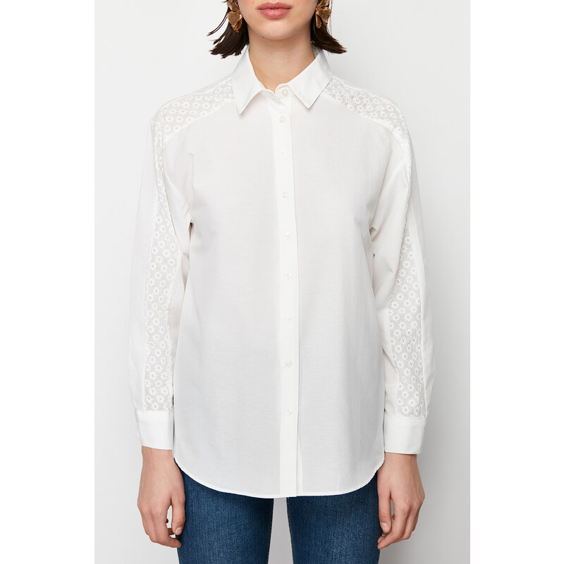 Trendyol Ecru Lace Detail Oversize/Wide Fit Shirt