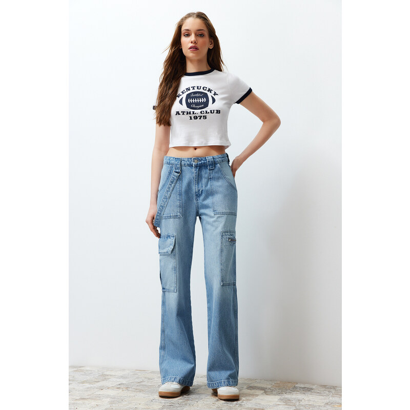 Trendyol Blue Pocket Detailed High Waist Wide Leg Jeans