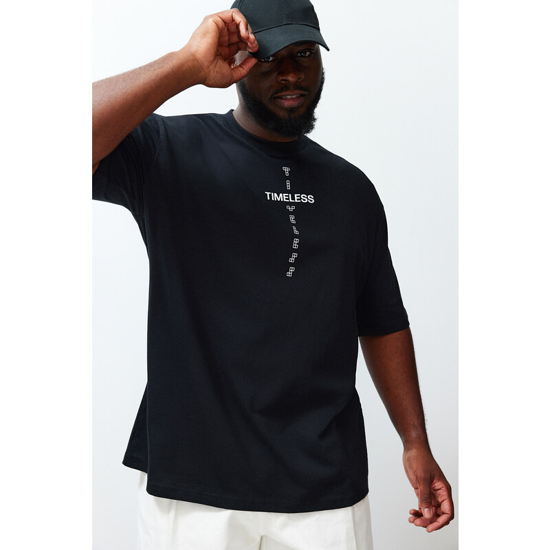Trendyol Plus Size Black Oversize Comfort Printed 100% Cotton T-Shirt