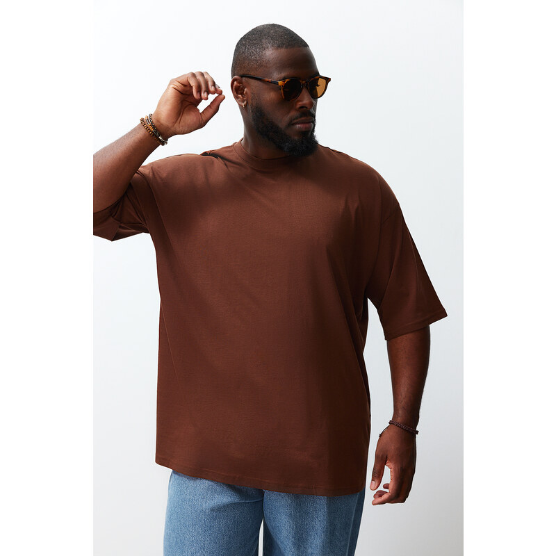 Trendyol Plus Size Brown Oversize Comfortable Basic 100% Cotton T-Shirt