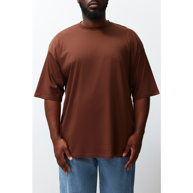 Trendyol Plus Size Brown Oversize Comfortable Basic 100% Cotton T-Shirt