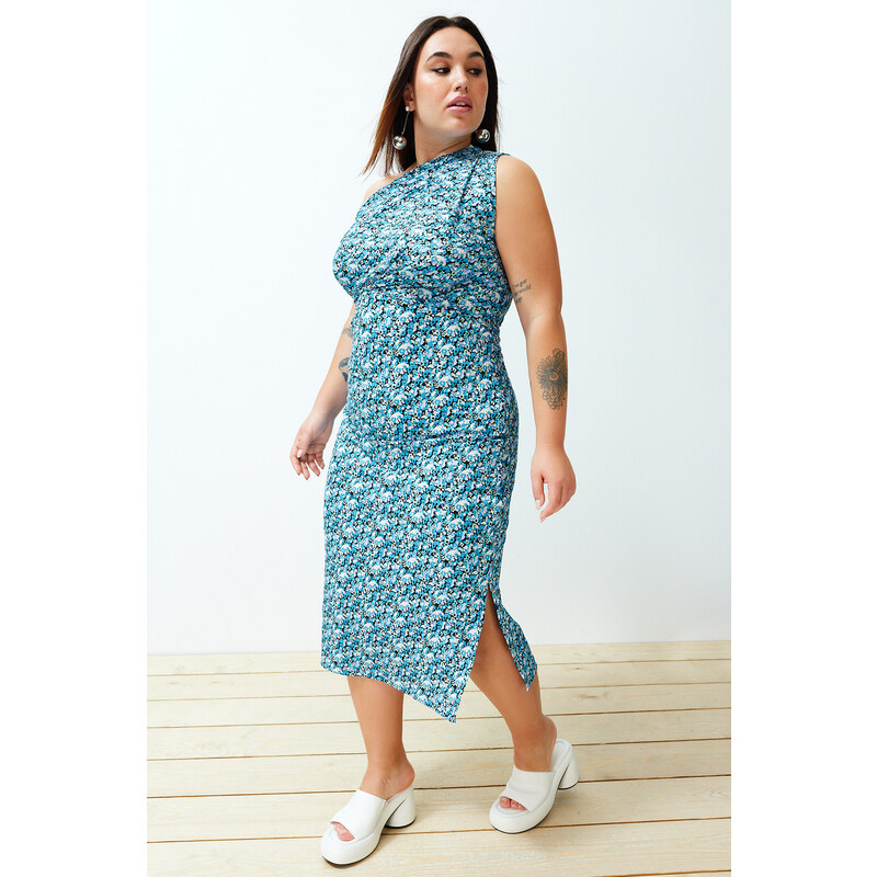 Trendyol Curve Blue Printed Fitted One-Shoulder Asymmetric Gathering and Detail Knitted Dress