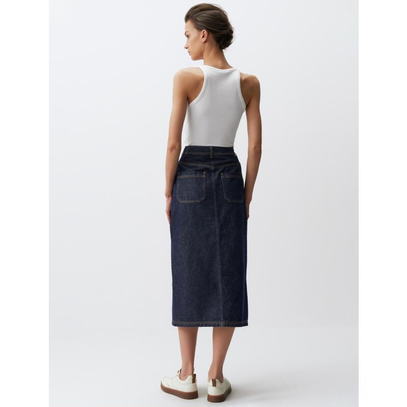 Jimmy Key Dark Indigo Blue Normal Waist Pocket Denim Maxi Skirt