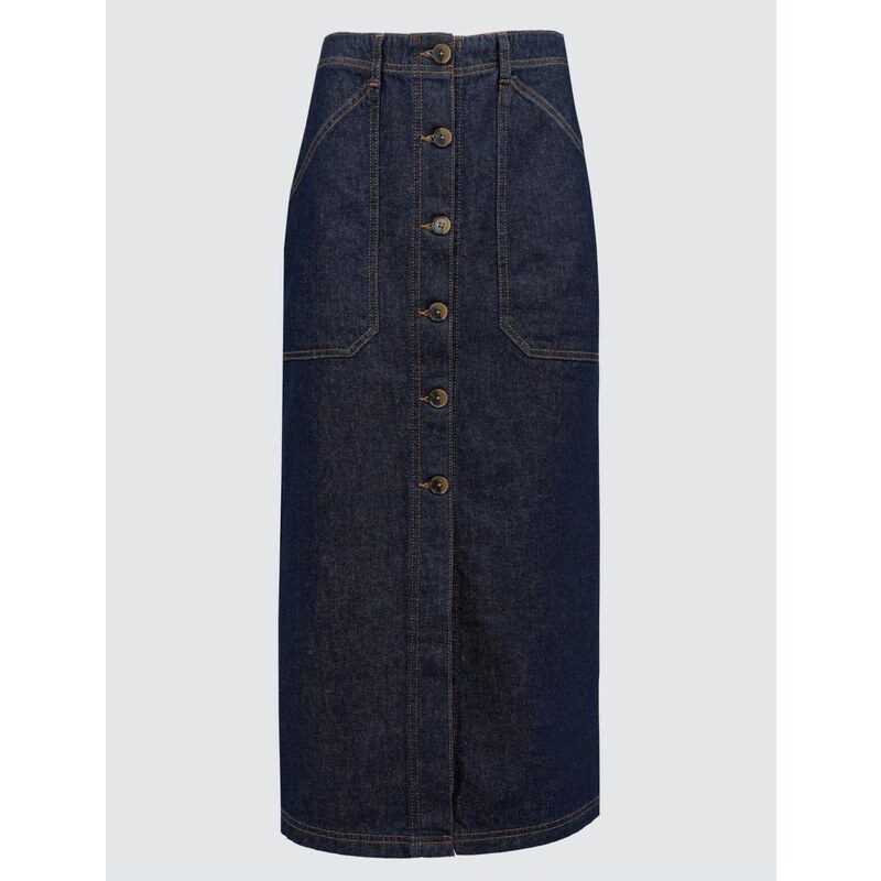 Jimmy Key Dark Indigo Blue Normal Waist Pocket Denim Maxi Skirt