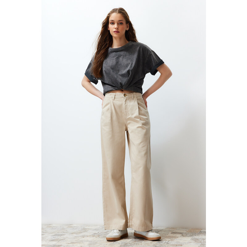 Trendyol Beige Pleated High Waist Seasonal Wide Leg Jeans