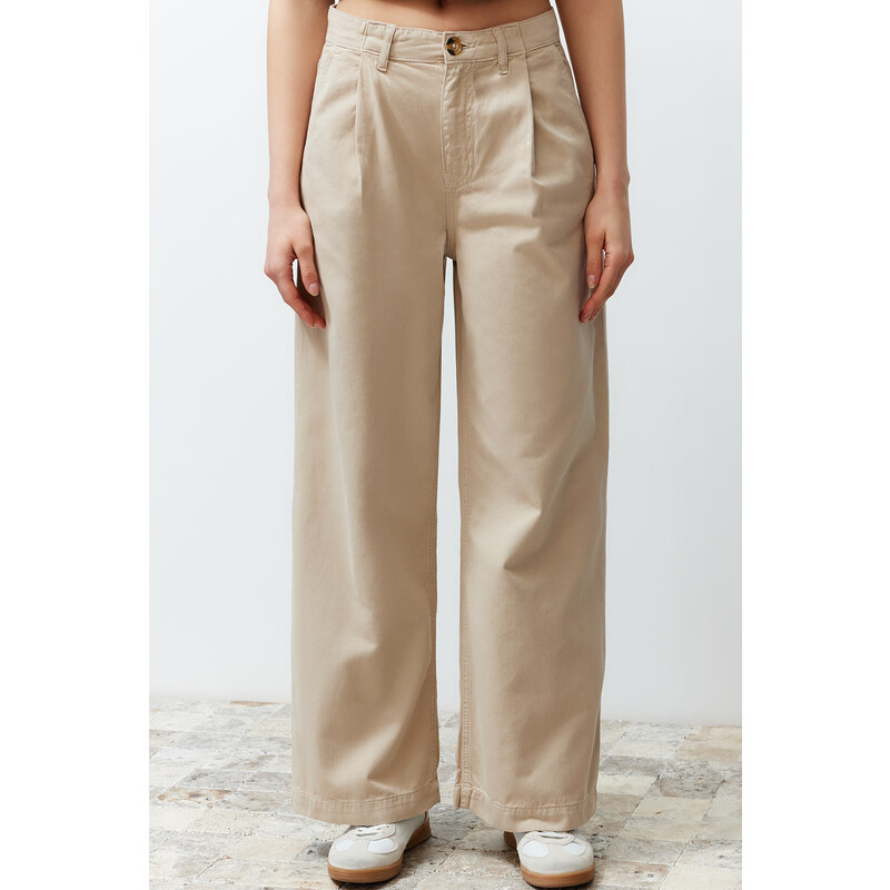 Trendyol Beige Pleated High Waist Seasonal Wide Leg Jeans