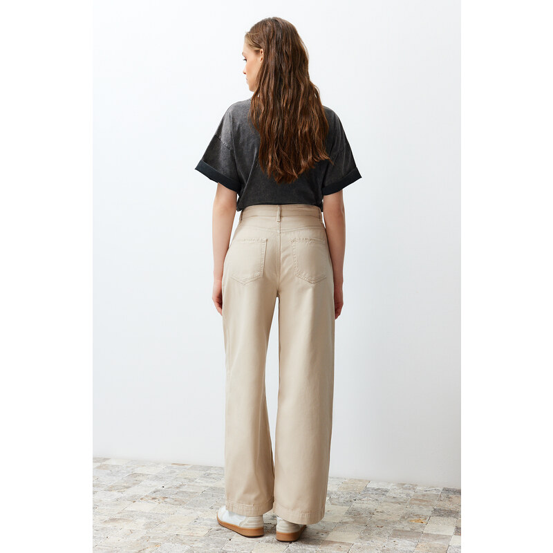 Trendyol Beige Pleated High Waist Seasonal Wide Leg Jeans