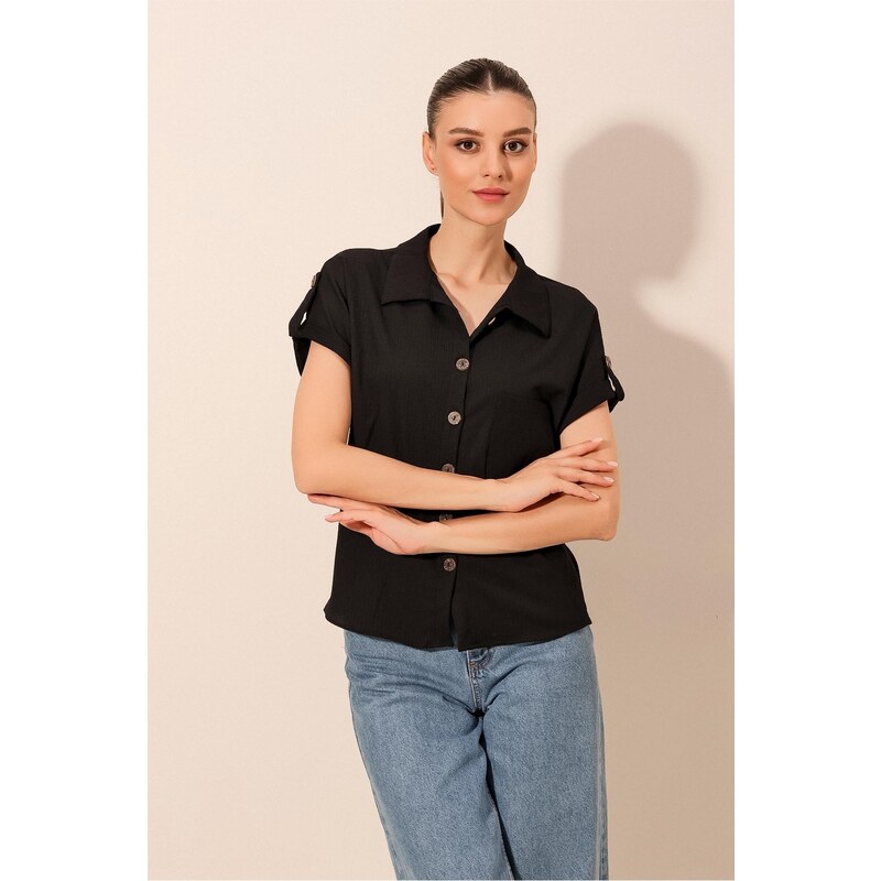 Bigdart 20187 Short Sleeve Oversize Knitted Shirt - Black