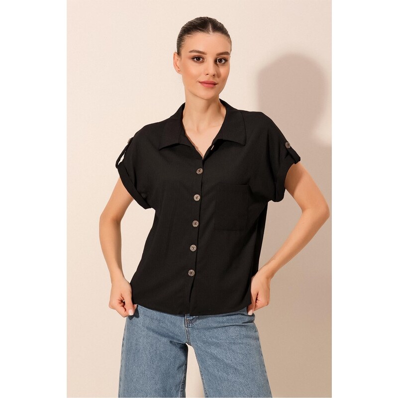 Bigdart 20187 Short Sleeve Oversize Knitted Shirt - Black