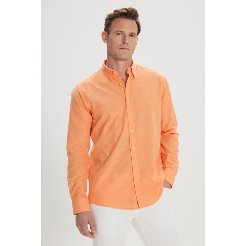 AC&Co / Altınyıldız Classics Men's Orange Comfort Fit Comfy Cut Concealed Button Collar 100% Cotton Flamed Shirt