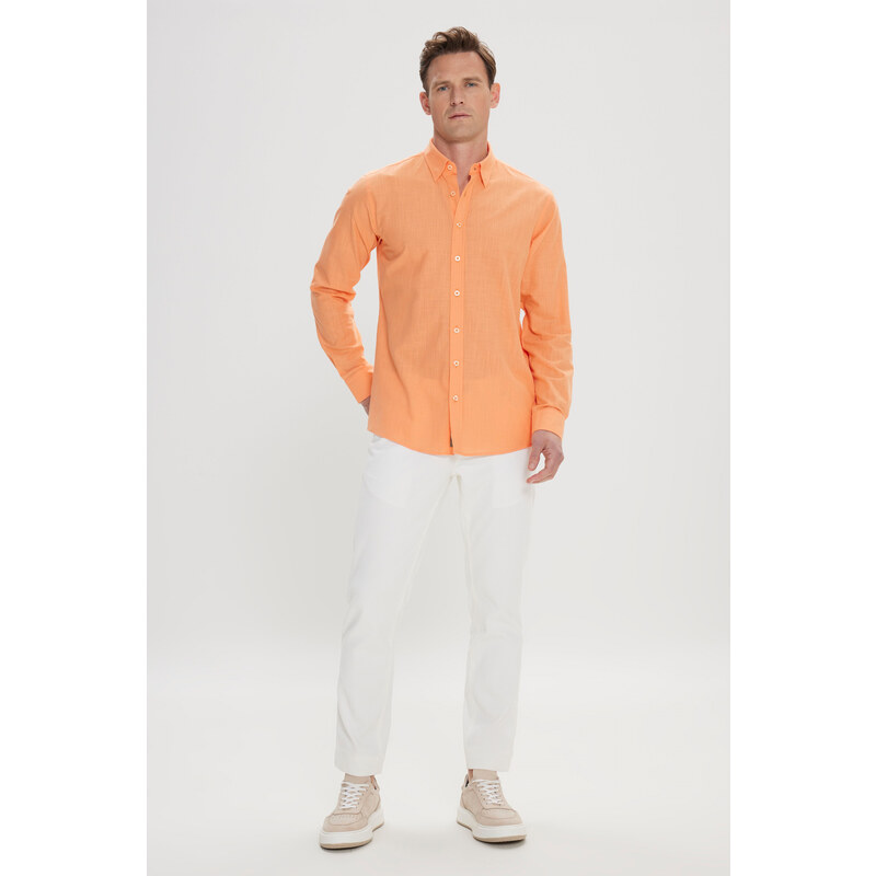 AC&Co / Altınyıldız Classics Men's Orange Comfort Fit Comfy Cut Concealed Button Collar 100% Cotton Flamed Shirt