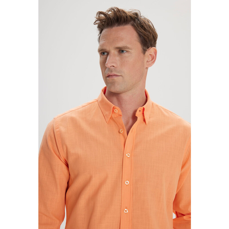 AC&Co / Altınyıldız Classics Men's Orange Comfort Fit Comfy Cut Concealed Button Collar 100% Cotton Flamed Shirt