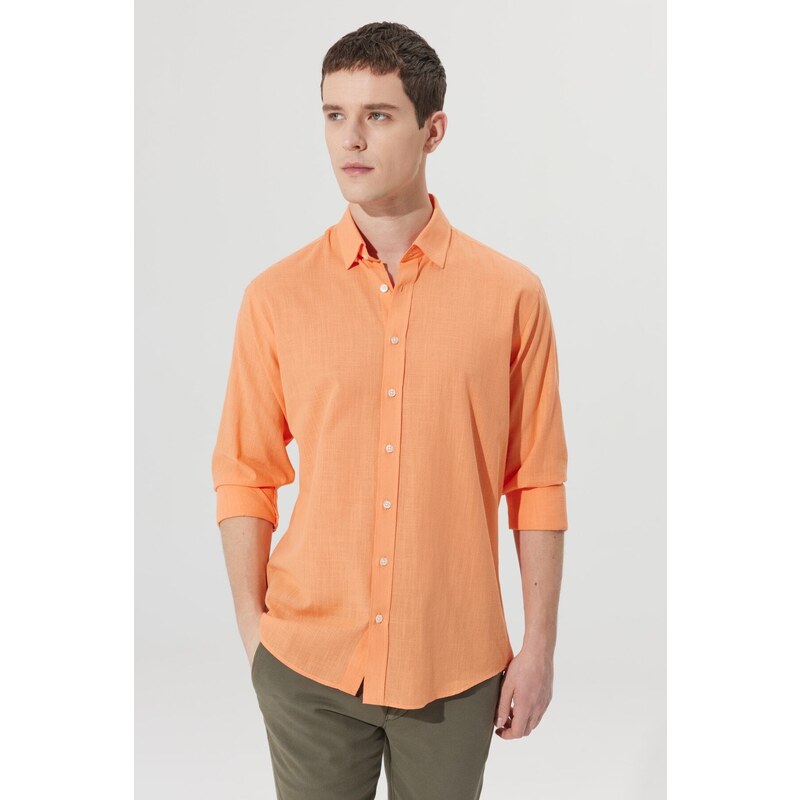 AC&Co / Altınyıldız Classics Men's Orange Comfort Fit Comfy Cut Concealed Button Collar 100% Cotton Flamed Shirt