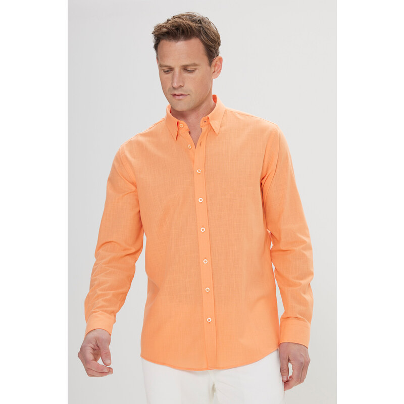 AC&Co / Altınyıldız Classics Men's Orange Comfort Fit Comfy Cut Concealed Button Collar 100% Cotton Flamed Shirt