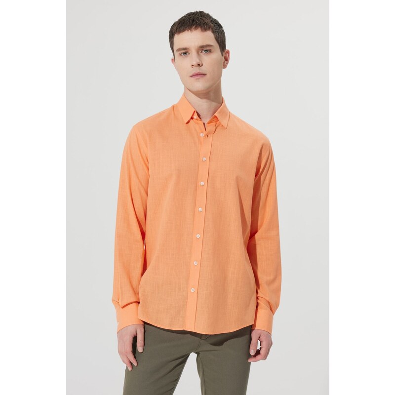 AC&Co / Altınyıldız Classics Men's Orange Comfort Fit Comfy Cut Concealed Button Collar 100% Cotton Flamed Shirt