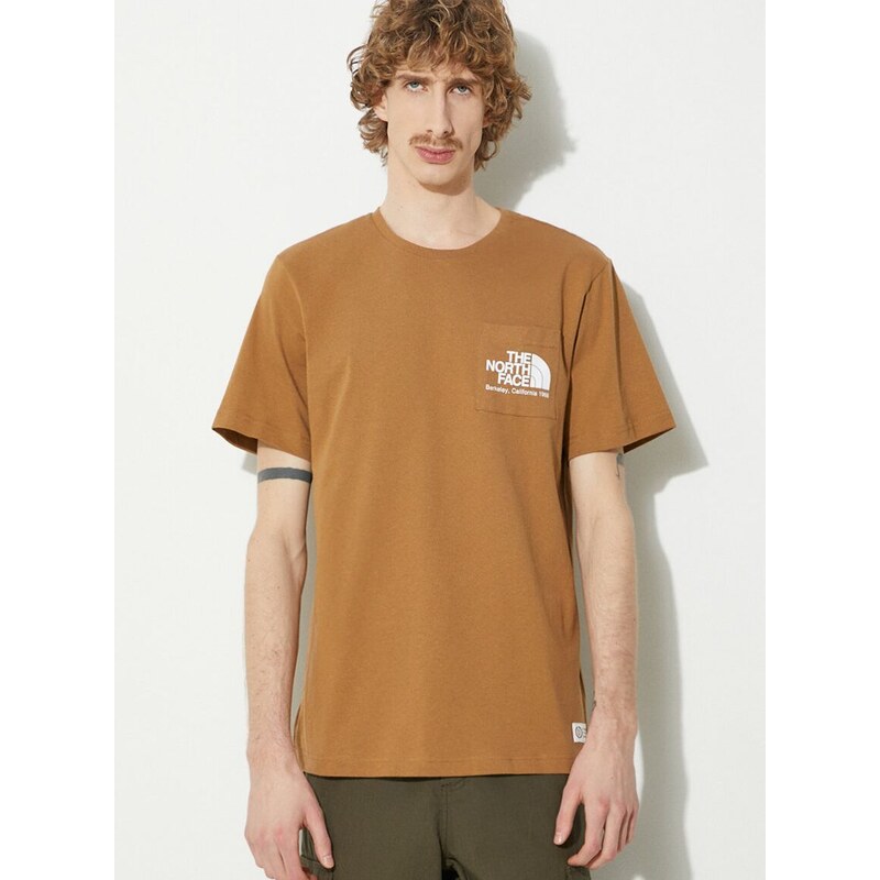 Bavlněné tričko The North Face M Berkeley California Pocket S/S Tee hnědá barva, s potiskem, NF0A87U21731