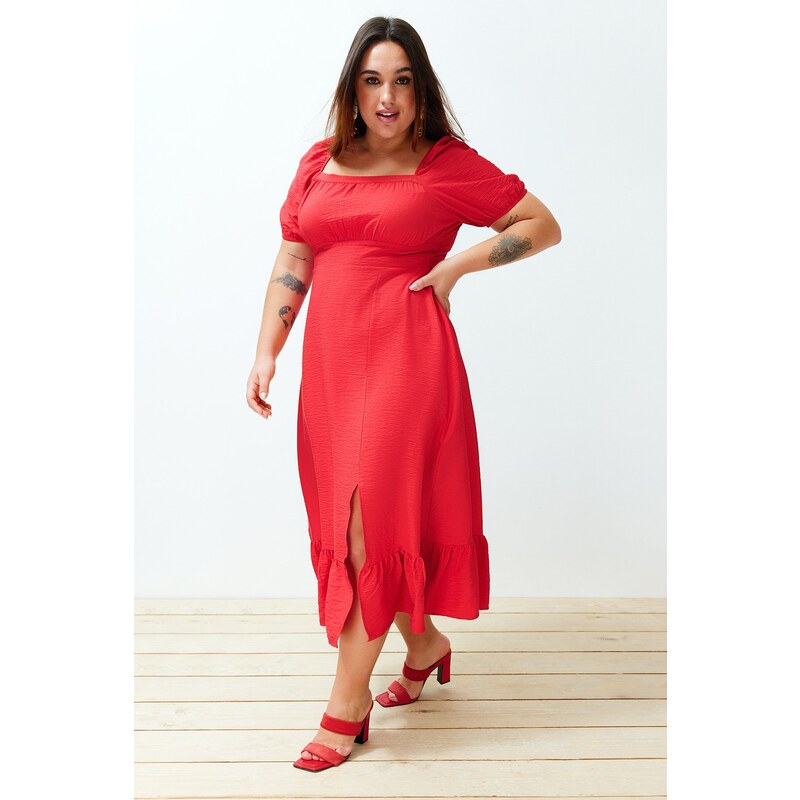 Trendyol Curve Red Crew Neck Skirt Ruffle Woven Dress