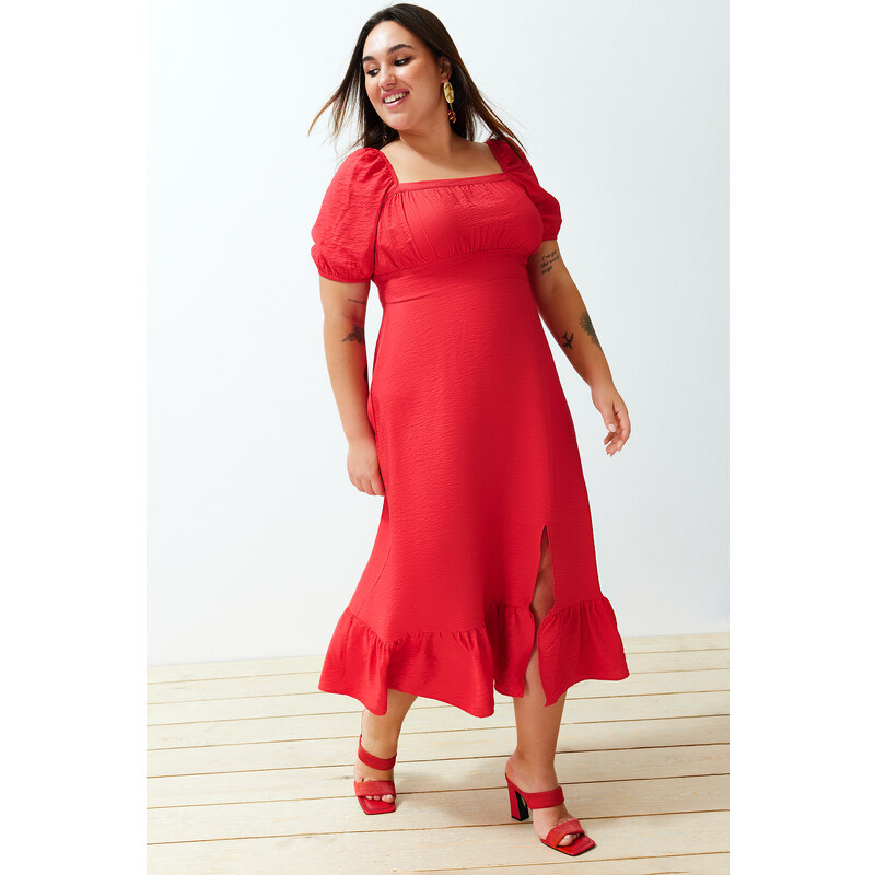 Trendyol Curve Red Crew Neck Skirt Ruffle Woven Dress