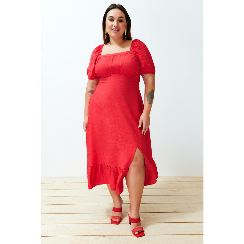 Trendyol Curve Red Crew Neck Skirt Ruffle Woven Dress