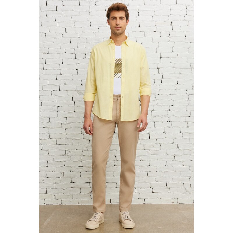AC&Co / Altınyıldız Classics Men's Yellow Comfort Fit Relaxed Cut Concealed Button Collar 100% Cotton Flamed Shirt