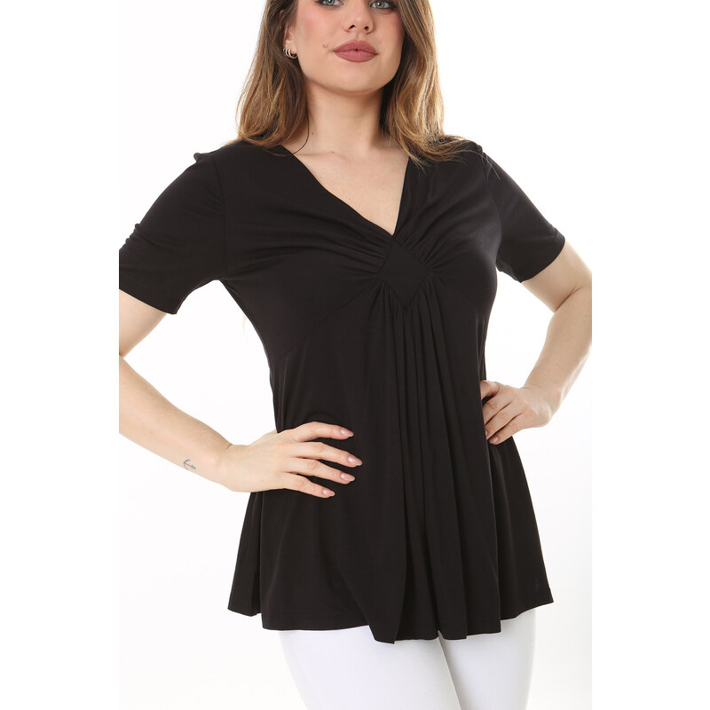 Şans Women's Plus Size Black Chest Gathered Detail V-Neck Short Sleeve Blouse