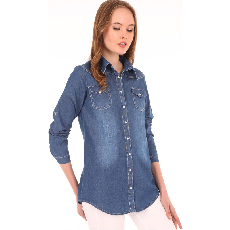 Bigdart 3411 Double Pocket? Checkered Denim Shirt - Dark Blue