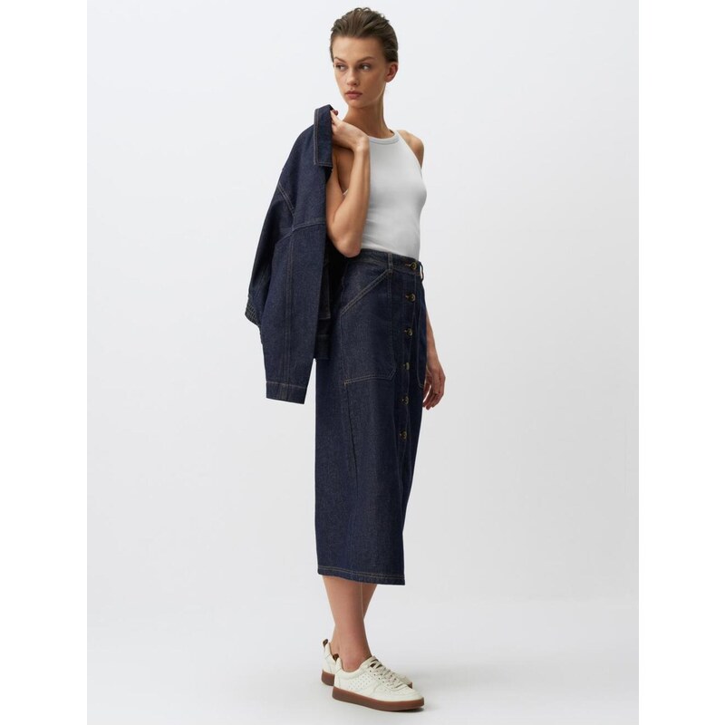 Jimmy Key Dark Indigo Blue Normal Waist Pocket Denim Maxi Skirt