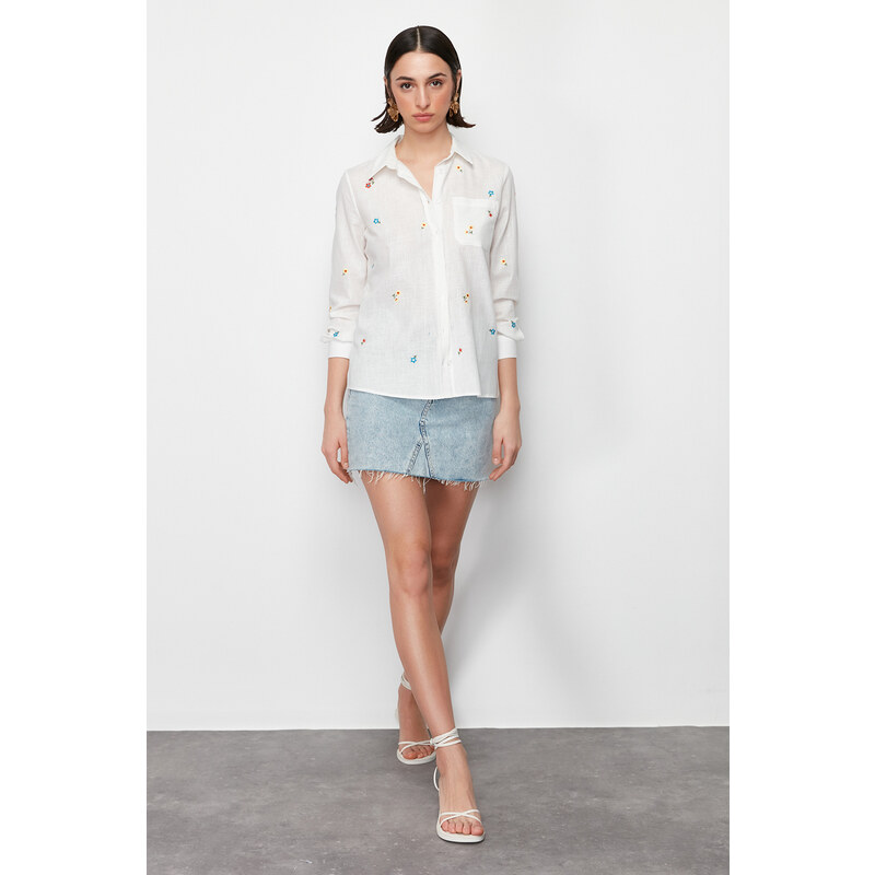 Trendyol Ecru Floral Embroidered Regular Woven Shirt