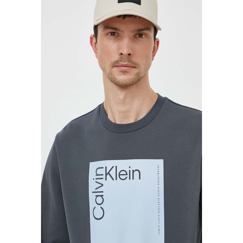 Bavlněná mikina Calvin Klein pánská, šedá barva, s potiskem