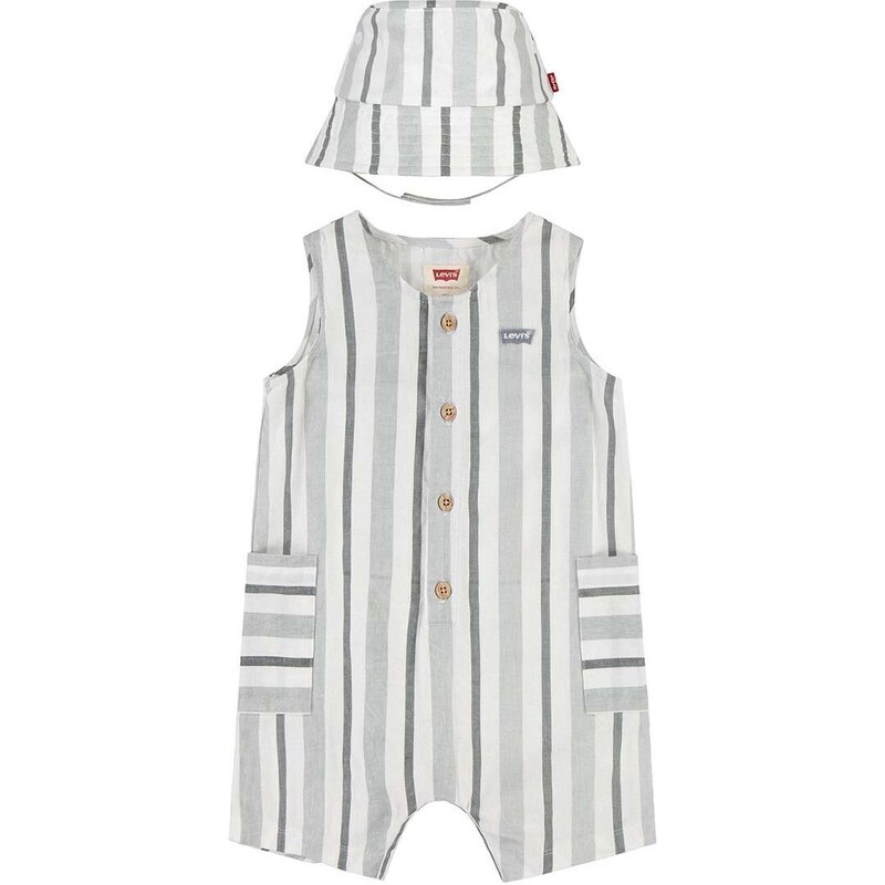 Dětské dupačky ze směsi lnu Levi's LVB STRIPE ROMPER & BUCKET HAT