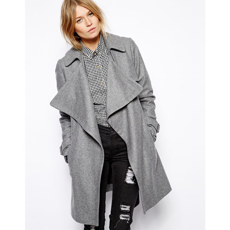 ASOS Coat with Waterfall Drape Front in Wool - Grey