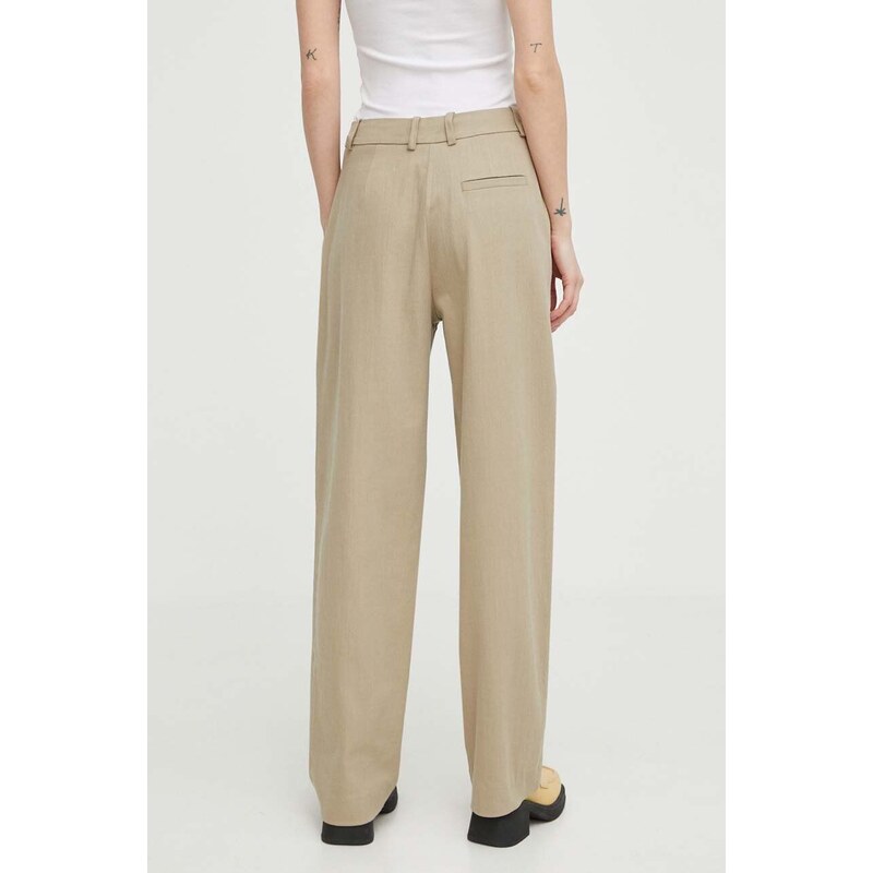 Kalhoty s příměsí lnu Samsoe Samsoe SAAGNETA béžová barva, high waist, F24100024