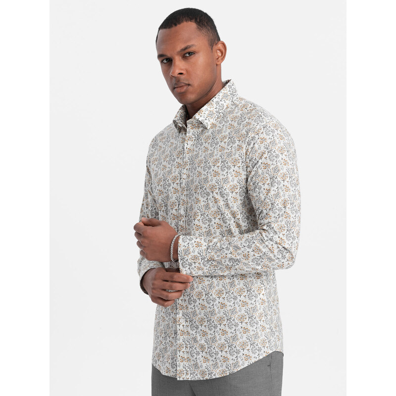 Ombre Clothing Pánská košile SLIM FIT s květinovým vzorem - béžová V2 OM-SHPS-0139